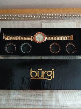 Burgi Gold Tone set/4 Multi Gem Bezel Watch